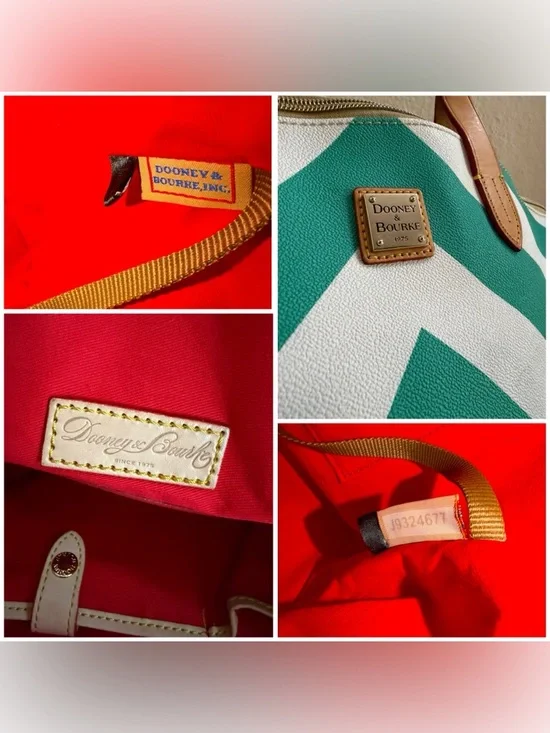 Dooney & Bourke Chevron Satchel Teal & White Stripes - Leather Top Handle - Picture 2 of 15